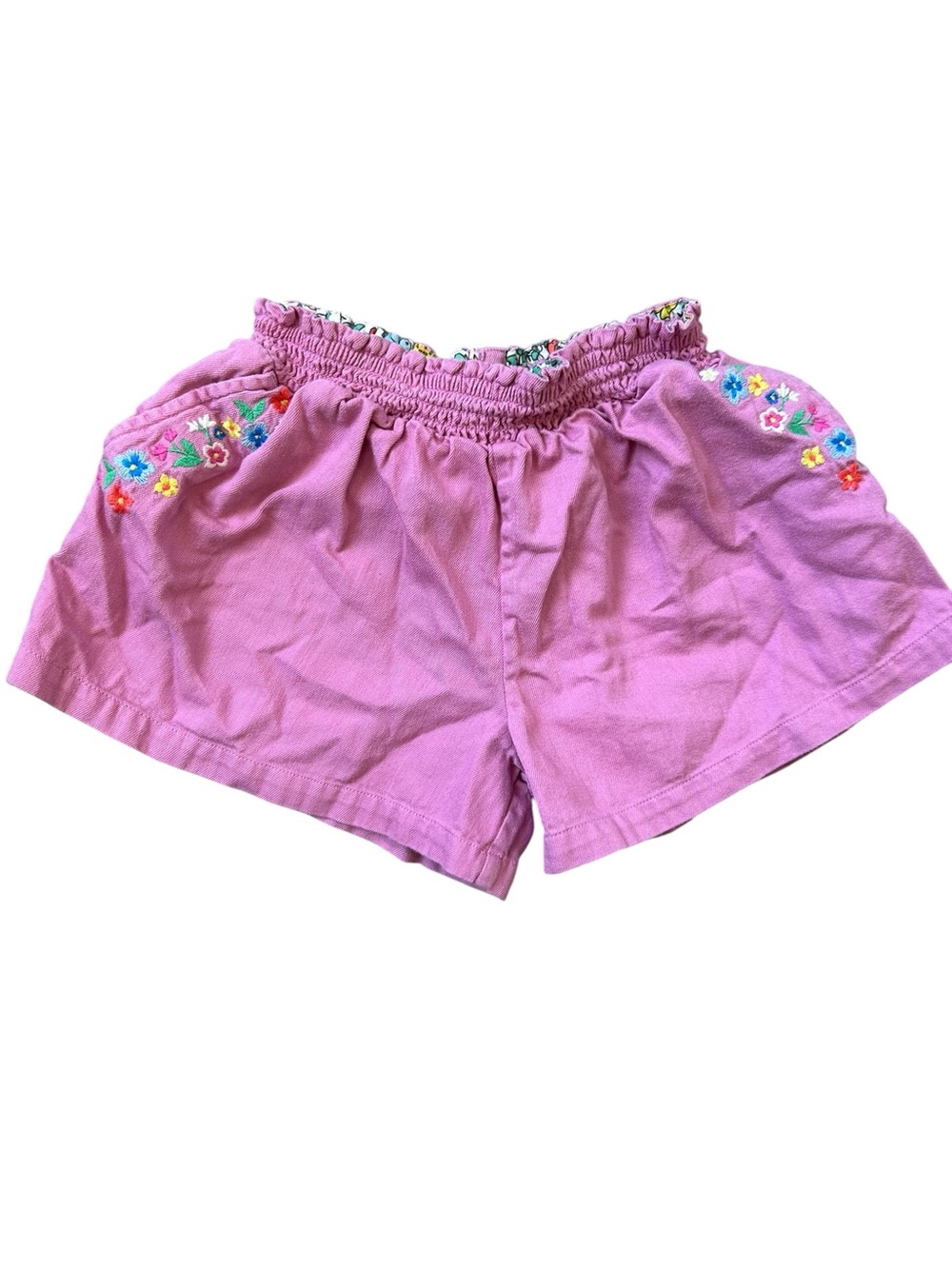 Mini Boden Girls Pink Embroidered Floral Elastic Waist Pull-On Shorts 6-7 Years